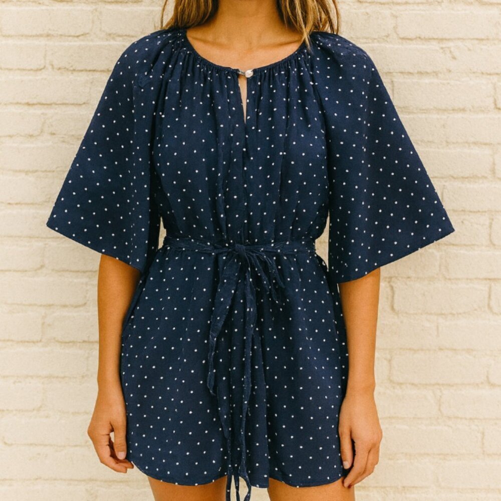 Marysia Resort Swim Navy Blue White Swiss Dot Lightweight Mini Dress Size S